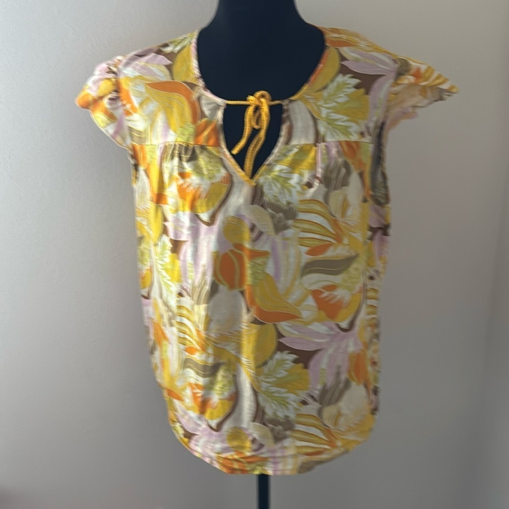 Linen‎ Blend by Hester & Orchard floral print yellow hues split collar top Sz XL
